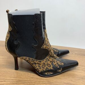 Ramon Tenza Black Boots 8B Animal Print Ankle Retro Pointed Red Sole Retro Y2K
